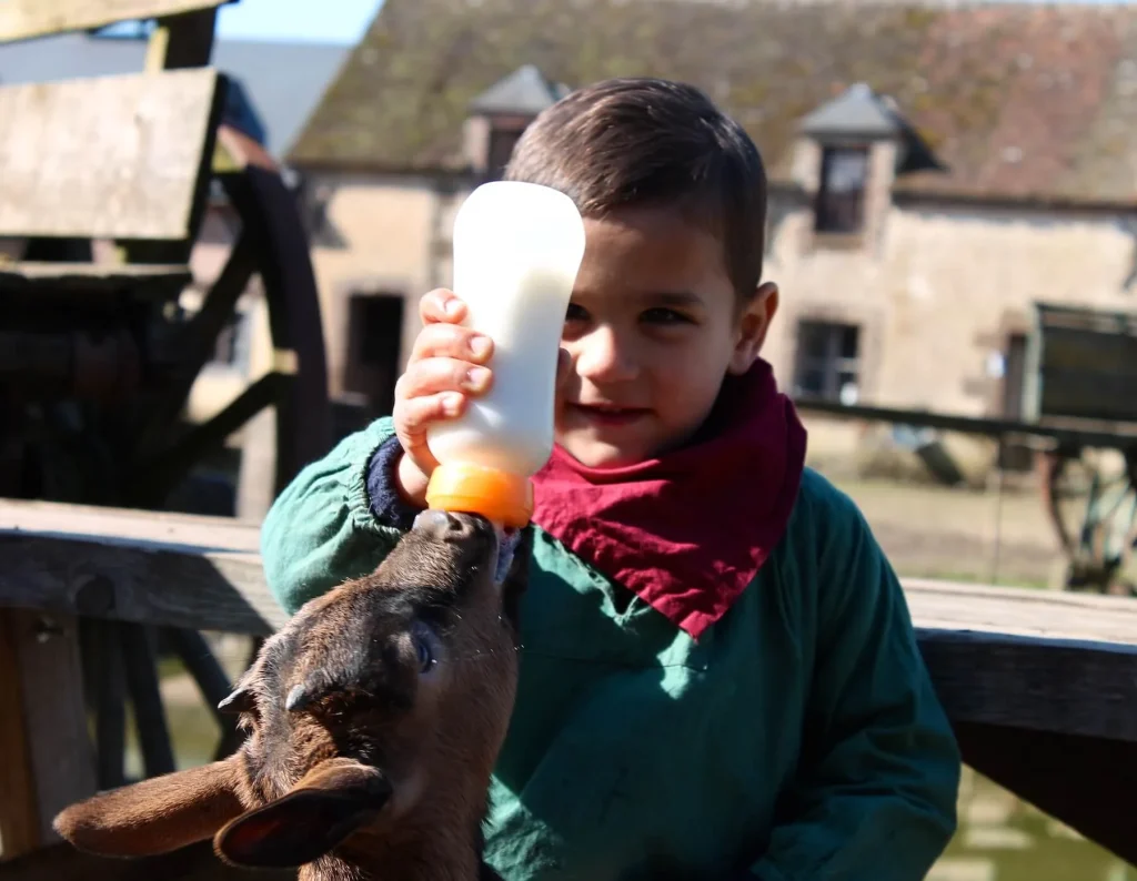 Enfant qui donne le biberon à la ferme du château de Saint-Fargeau