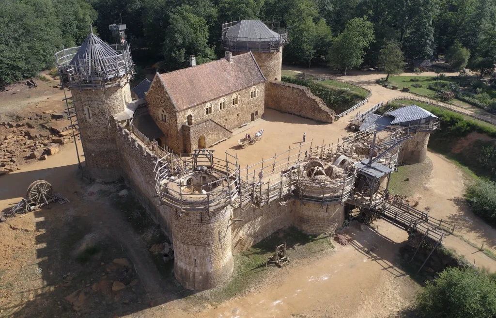 Aerial view of the medieval construction site of Guédelon