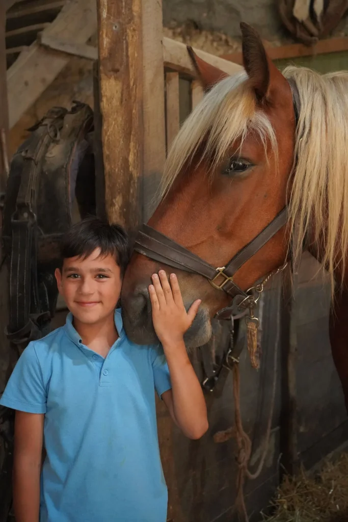 Enfant avec un cheval à la Ferme du château de Saint-Fargeau