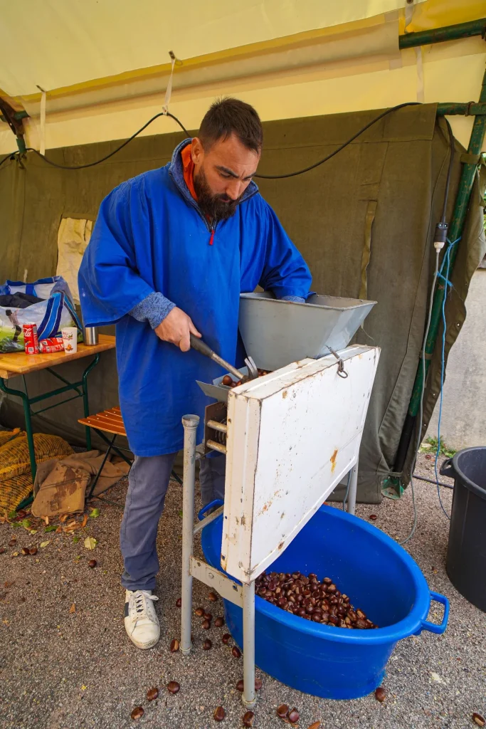 Guillaume splits the chestnuts before cooking at the Diges festival