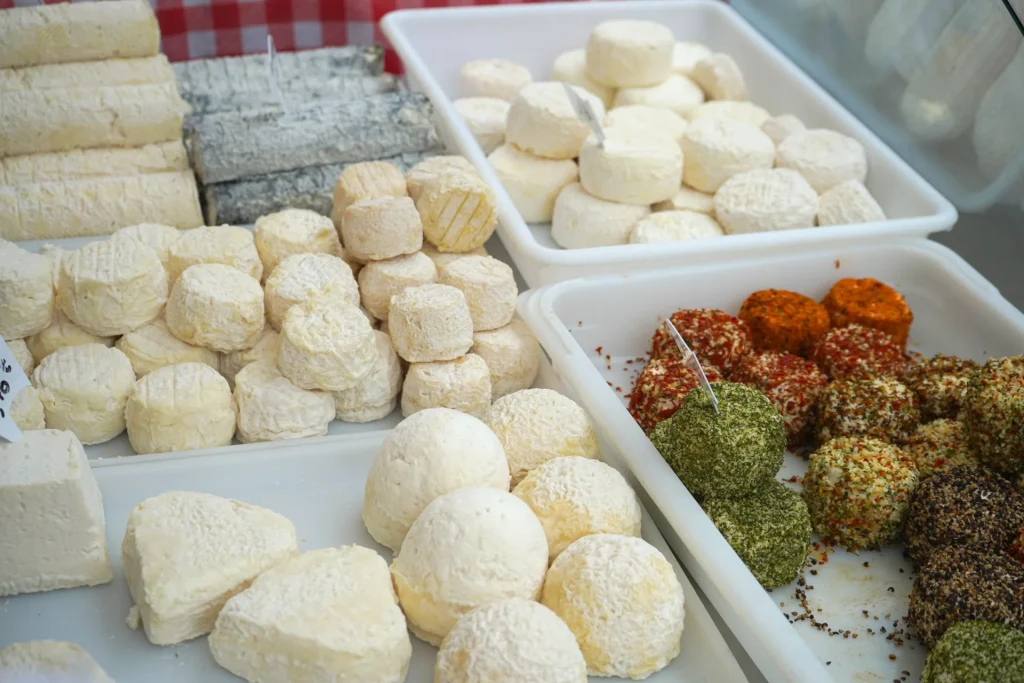 Goat cheese stand at the Toucy market