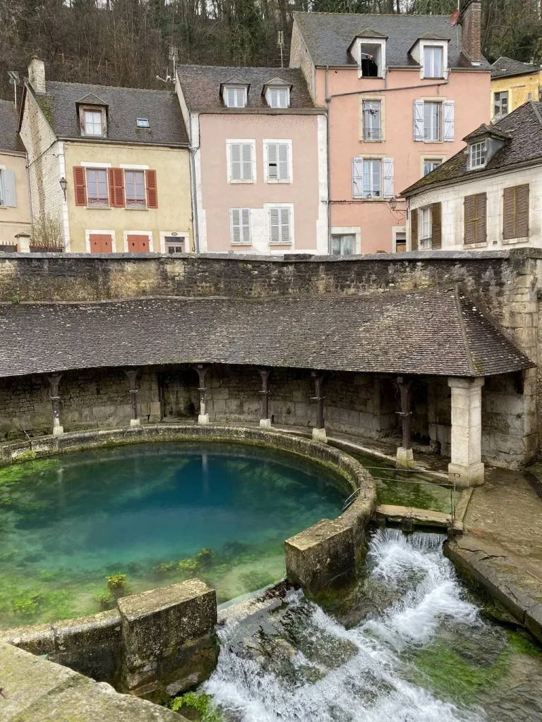 Fosse Dionne de Tonnerre entourée de maisons colorées