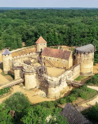 Aerial view of Guédelon Castle in Puisaye, Burgundy