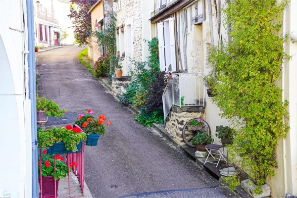 Flowered alley in the village of Saint-Sauveur-en-Puisaye