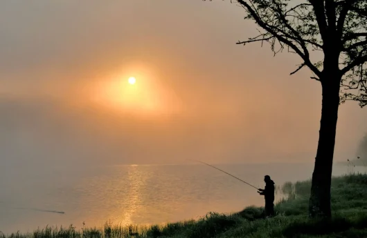 Un pêcheur récupère son hameçon dans l'eau du lac