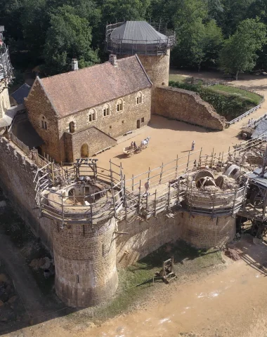 Aerial view of the medieval construction site of Guédelon